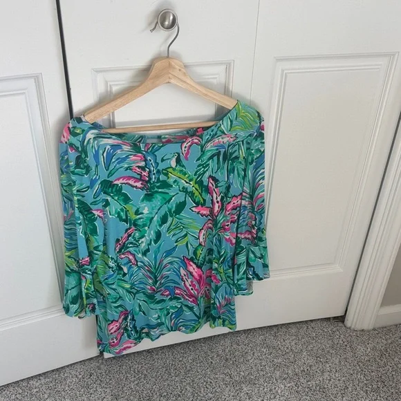 Lilly Pulitzer Blue and Pink Leaf Print Blouse - Picture 2 of 5